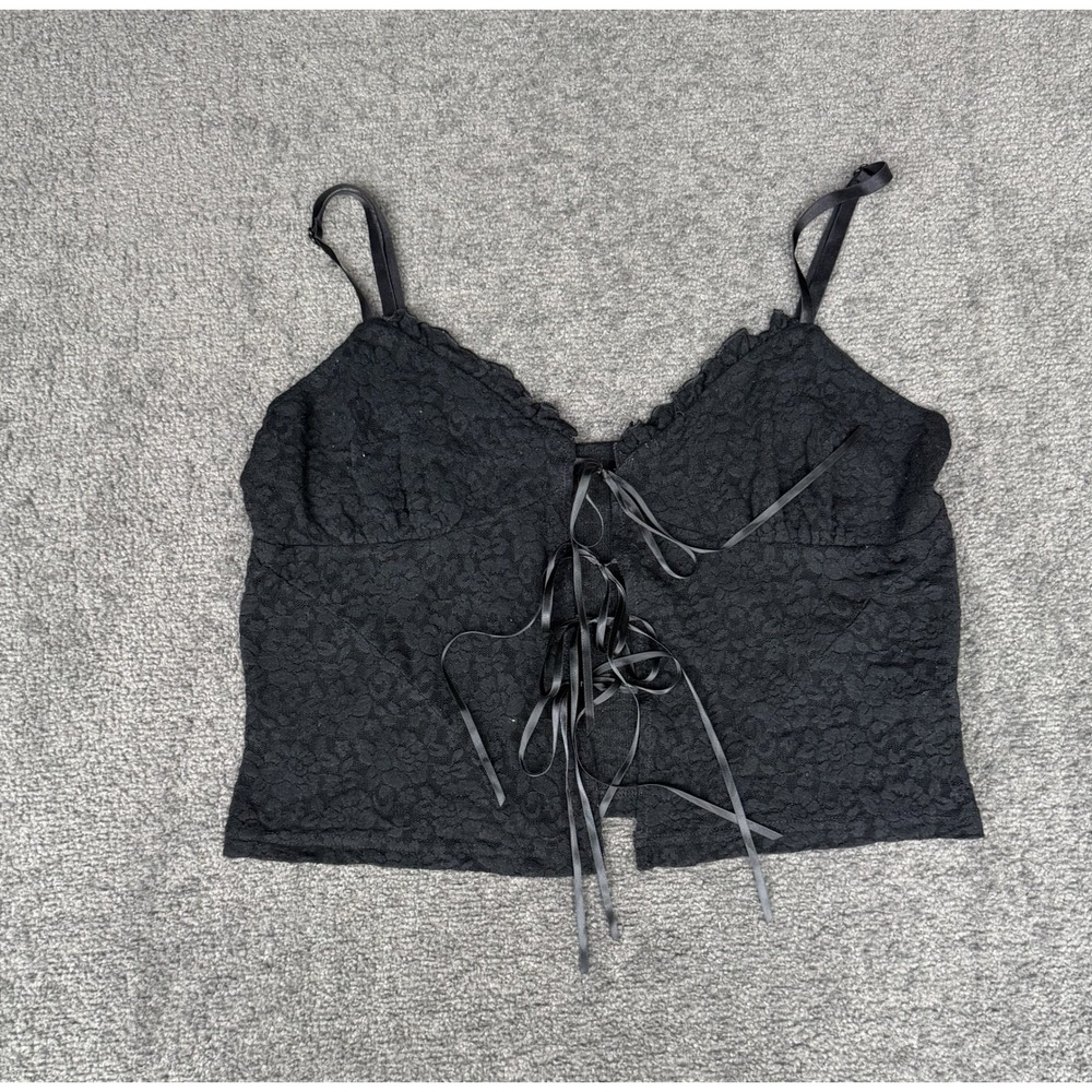 Tiger Mist Black Lace Up Front Cami Top XL Floral Ruffle V-Neck TM13771